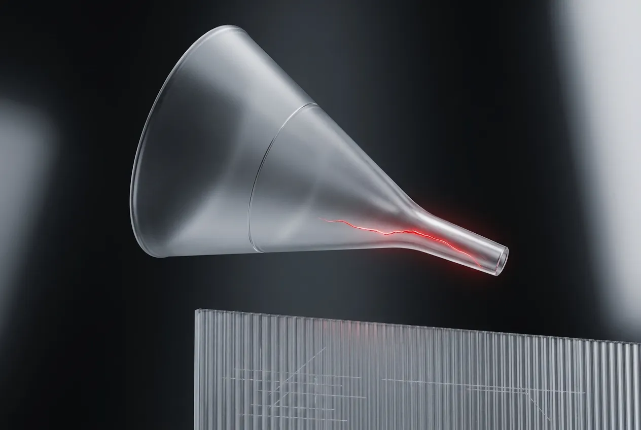 3D rendered frosted glass conversion funnel with a glowing red hairline crack, illustrating the free-to-paid drop-off a paywall is built to manage