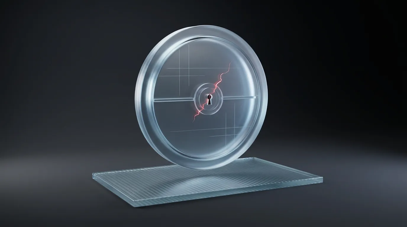 3D rendered frosted glass vault door protecting a key, with a glowing red hairline crack, representing API key protection