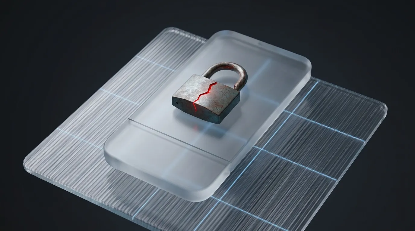 3D rendered frosted glass smartphone with a magnifying glass and a glowing red hairline crack, representing jailbreak and root detection