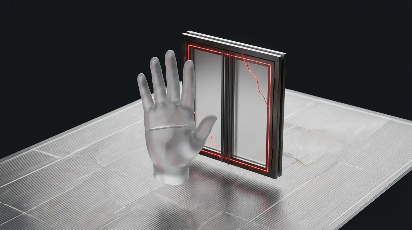 3D rendered frosted glass smartphone with a permission dialog and a glowing red hairline crack, representing contextual permission priming in app onboarding