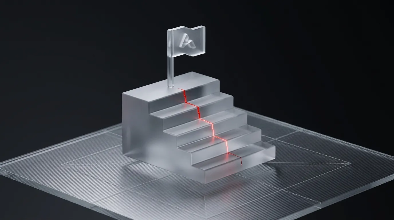 3D rendered frosted glass flag planted on a milestone marker with a glowing red hairline crack, representing the activation milestone that predicts retention