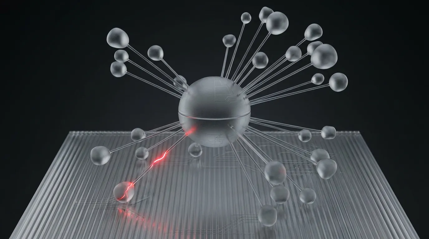 3D rendered frosted glass network of connected agent nodes with a glowing red hairline crack, representing MCP connecting AI agents to external tools