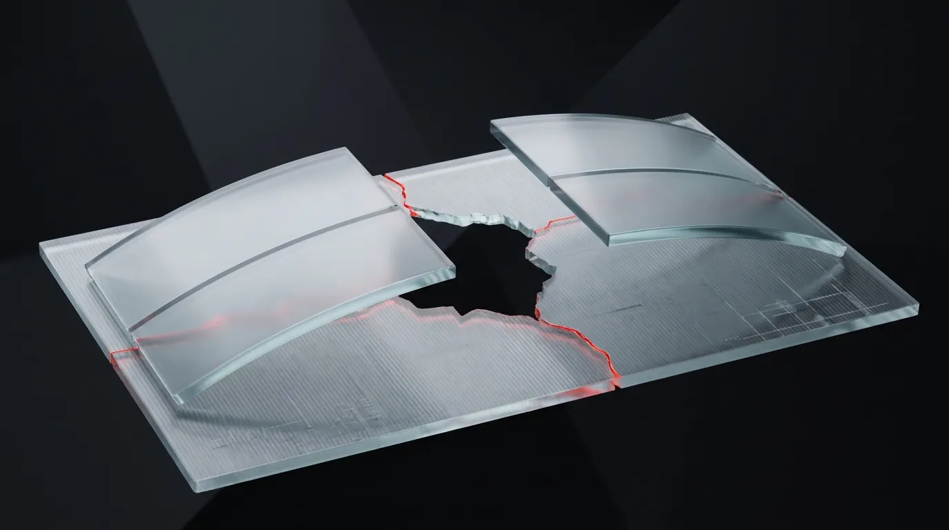 3D rendered frosted glass bridge spanning a gap between two platforms, with a glowing red hairline crack, representing an agency bridging the transition after a technical co-founder leaves
