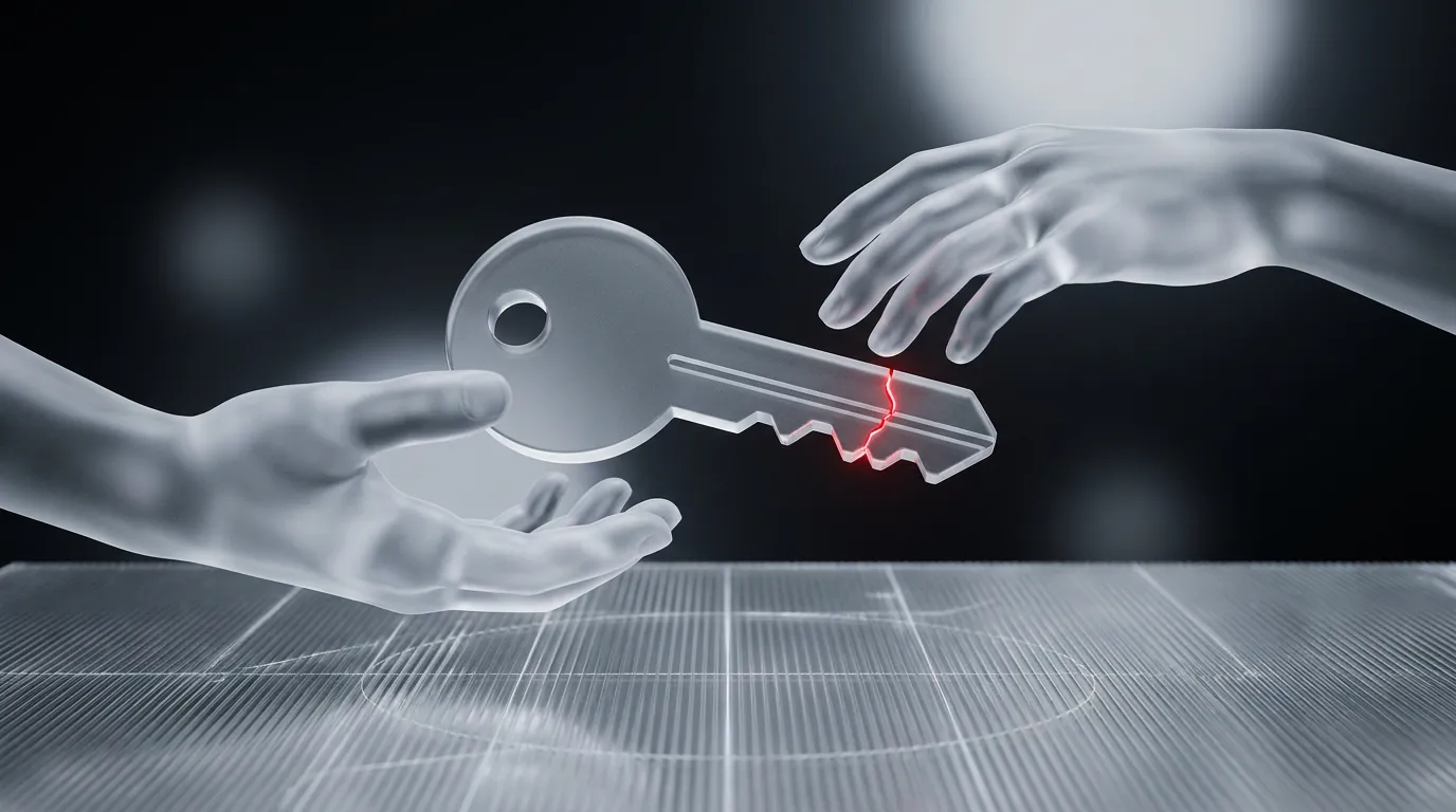 3D rendered frosted glass hand passing a key to another hand, with a glowing red hairline crack, representing the credential and access handoff after a technical co-founder leaves