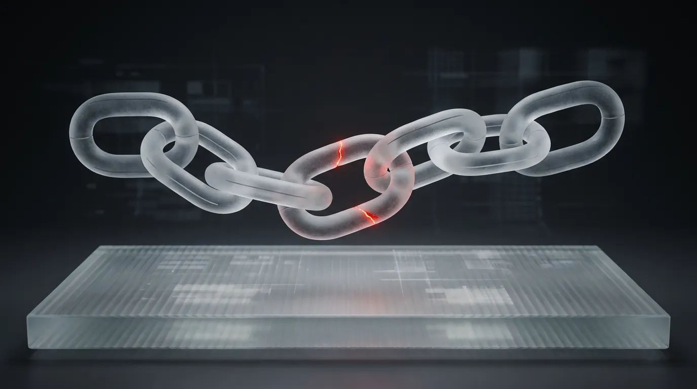 3D rendered frosted glass chain of interlocking links with a glowing red hairline crack, representing external API and procurement dependencies blocking a project's critical path