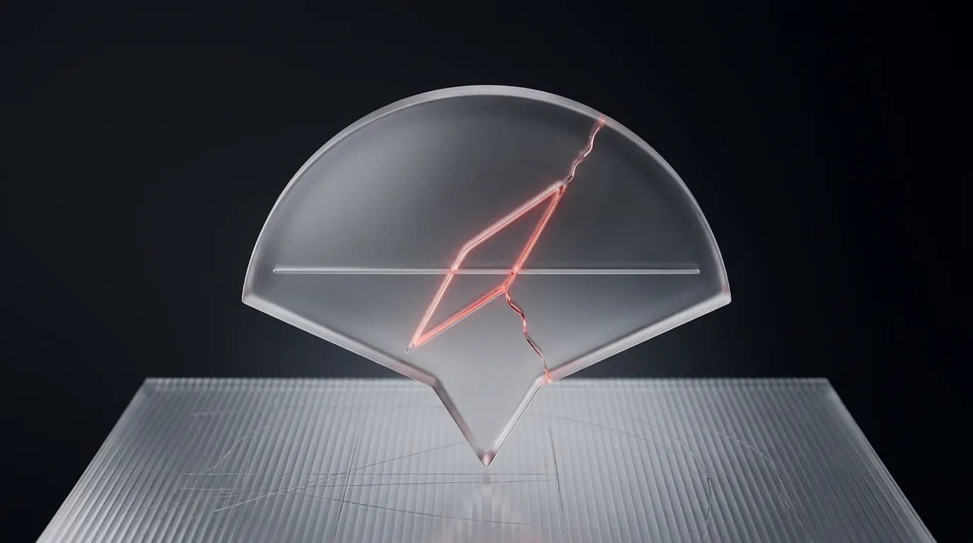 3D rendered frosted glass compass with a glowing red hairline crack, representing navigating from budget uncertainty to a defensible number before the first agency call