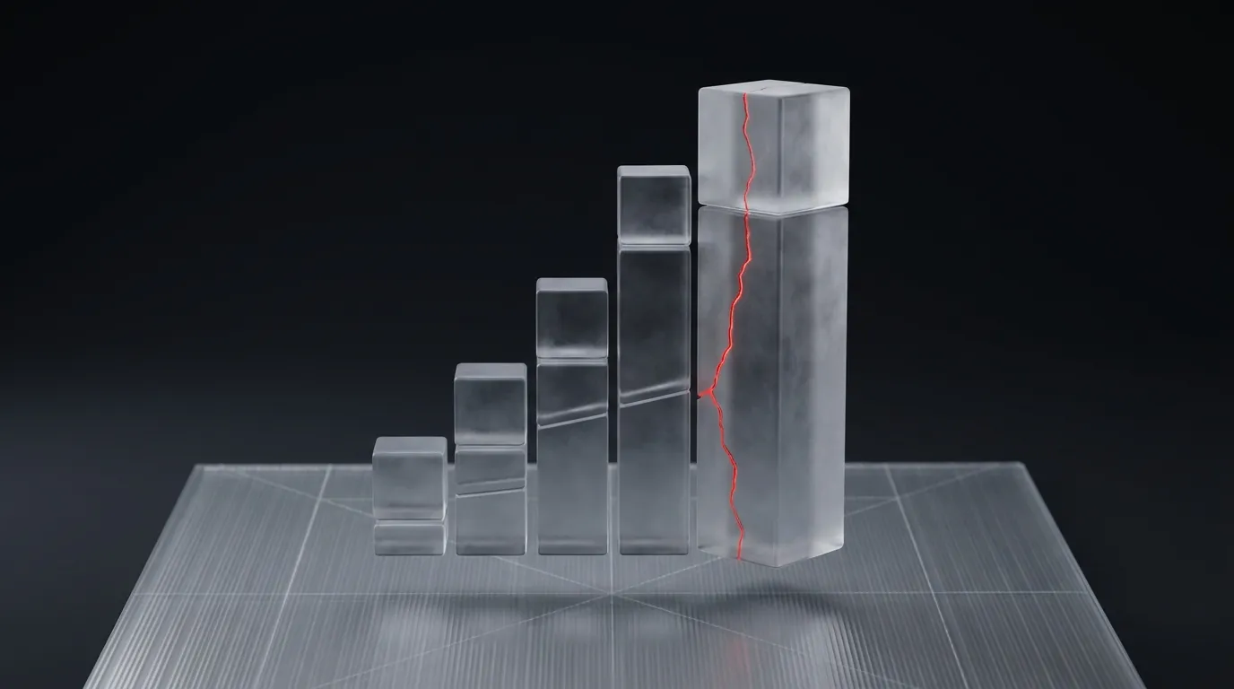 3D rendered frosted glass stack of interlocking building blocks with a glowing red hairline crack, representing the modular, additive cost components of an app budget