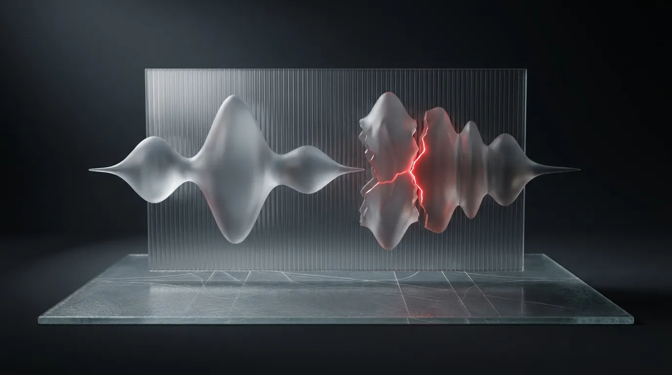 3D rendered frosted glass telephone handset with a glowing red hairline crack, representing latency and dropped context in production voice AI