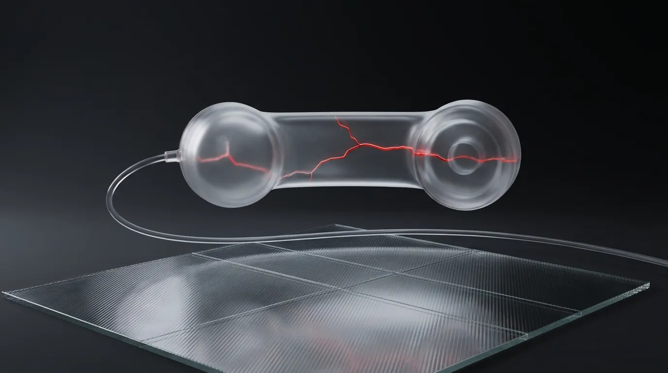 3D rendered frosted glass sound wave sculpture with a glowing red hairline crack, representing the interruption-handling gap between voice AI demos and production calls