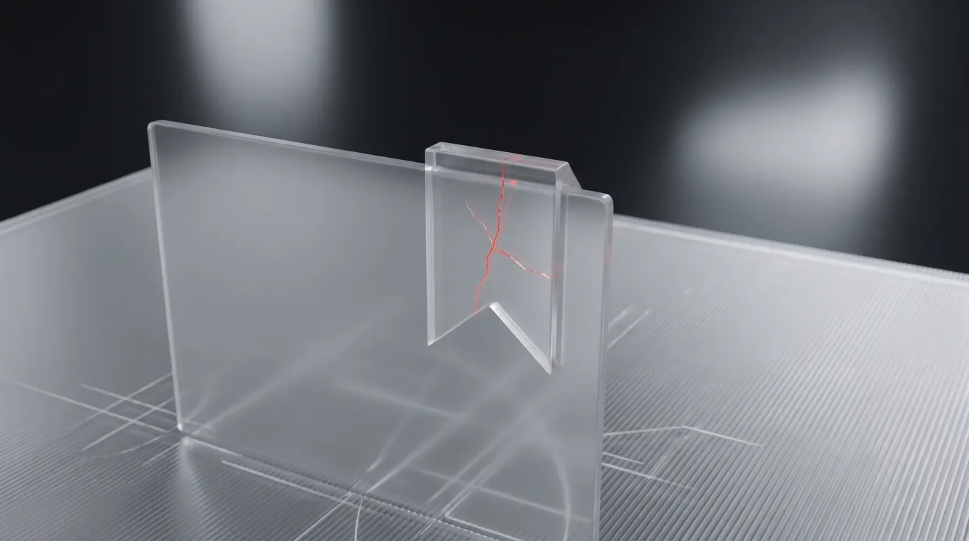 3D rendered frosted glass magnifying glass over a document stack with a glowing red hairline crack, representing retrieval evaluation and hallucination mitigation in production RAG