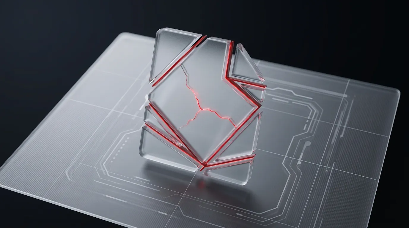 3D rendered frosted glass filing cabinet with a glowing red hairline crack, representing the gap between a weekend RAG demo and a production-grade document retrieval system
