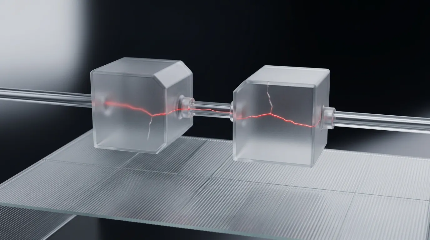 3D rendered frosted glass node cluster with a glowing red hairline crack, representing the engineering investment a Hydrogen headless storefront requires