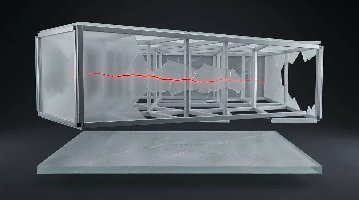 3D rendered frosted glass storefront window with a glowing red hairline crack, representing the choice between a Shopify App Store app, a Hydrogen storefront, and a private integration