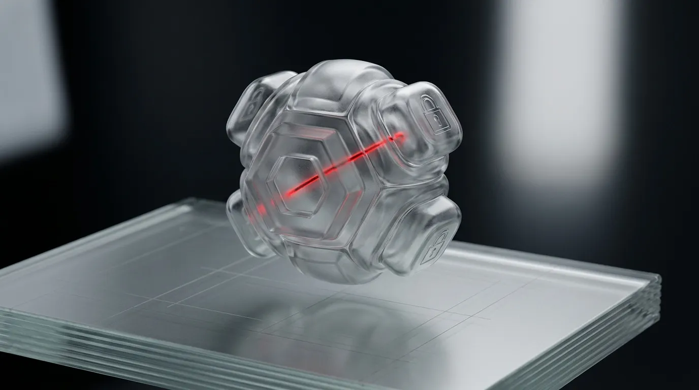 3D rendered frosted glass key ring with multiple keys and a glowing red hairline crack, representing per-client data isolation in a multi-tenant white-label platform