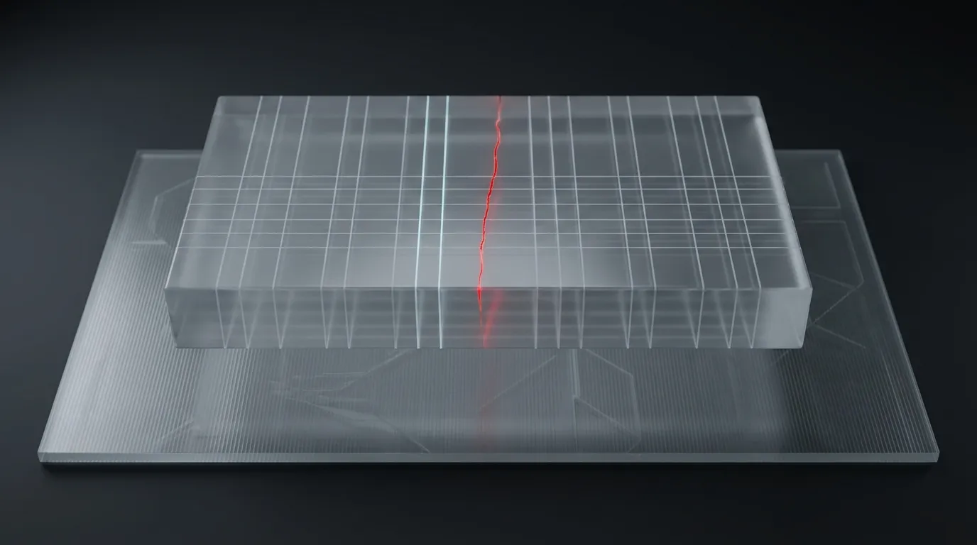 3D rendered frosted glass set of separate storage lockers with a glowing red hairline crack, representing schema-per-tenant isolation in a shared database instance