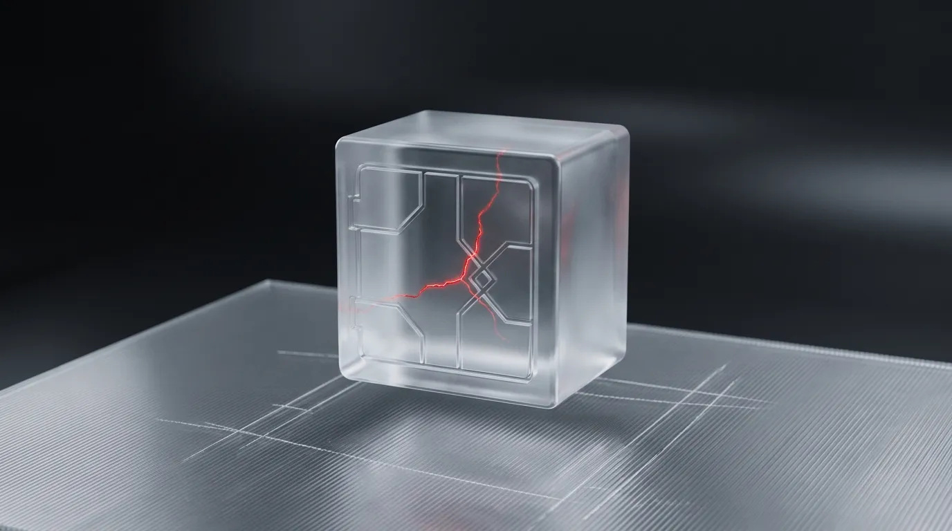 3D rendered frosted glass vault door with a glowing red hairline crack, representing trust accounting and client confidentiality obligations under bar rules