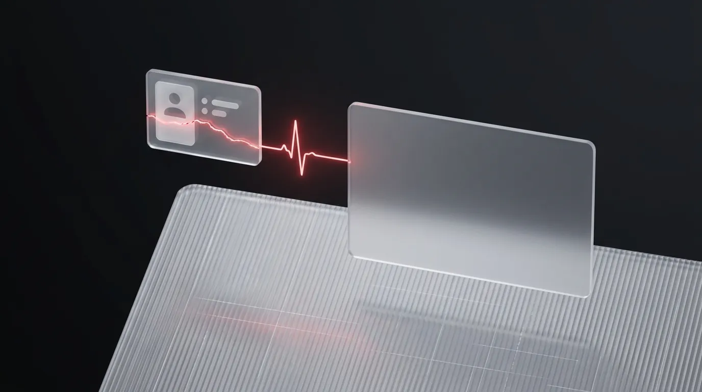 3D rendered frosted glass dog collar with a glowing red hairline crack, representing scattered pet health records that never connect to the vet's system