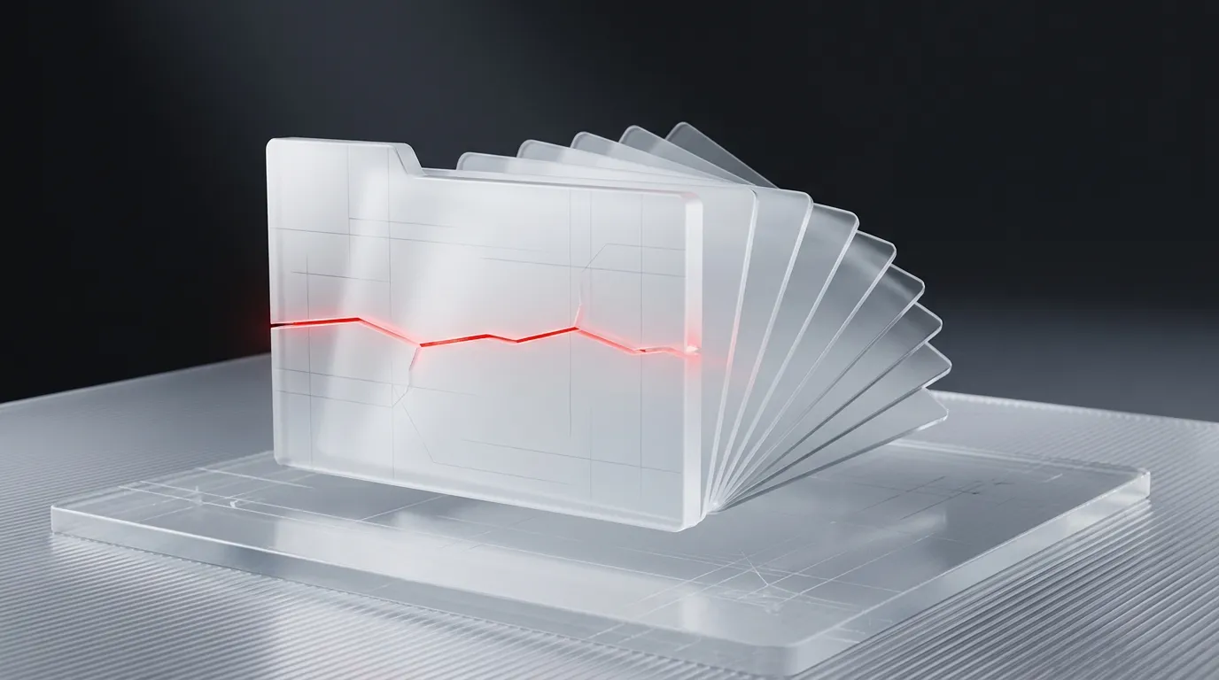 3D rendered frosted glass legal scale with a glowing red hairline crack, representing the confidentiality and liability risk built into every legal tech decision