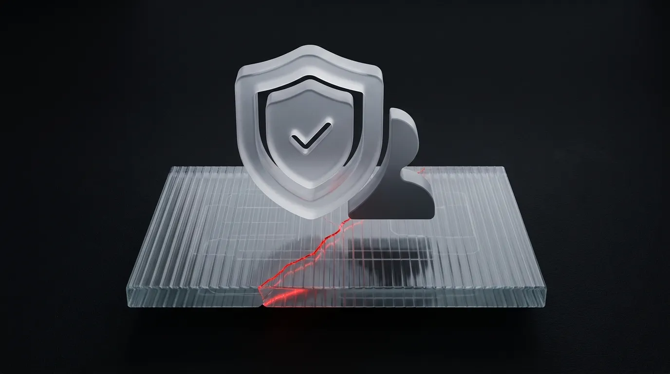 3D rendered frosted glass handshake with a glowing red hairline crack, representing trust and verification between homeowners and service providers