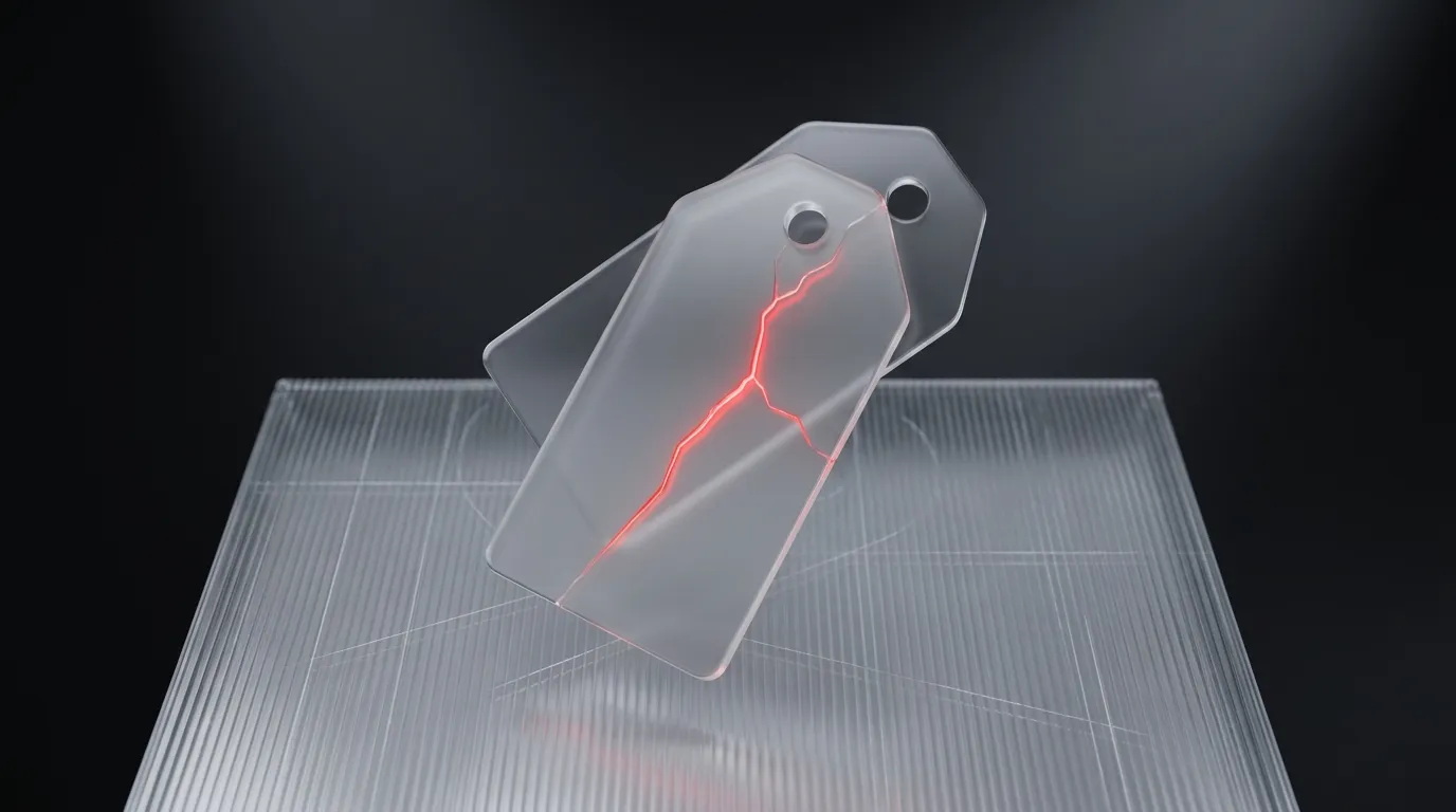 3D rendered frosted glass toolbox with a glowing red hairline crack, representing the gap between a quoted repair price and the final invoice