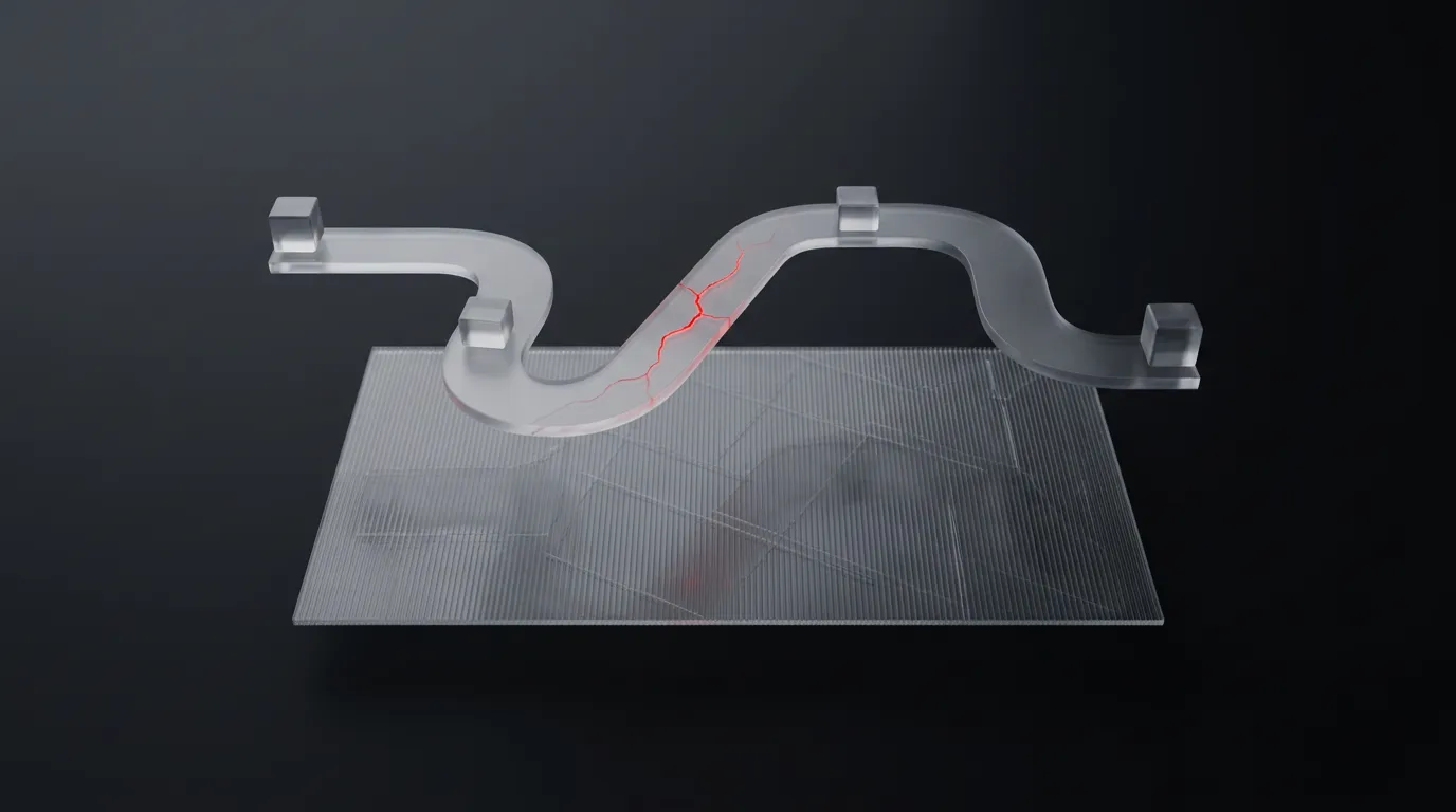 3D rendered frosted glass washing machine drum with a glowing red hairline crack, representing the pricing-model decision that reshapes a laundry app's architecture