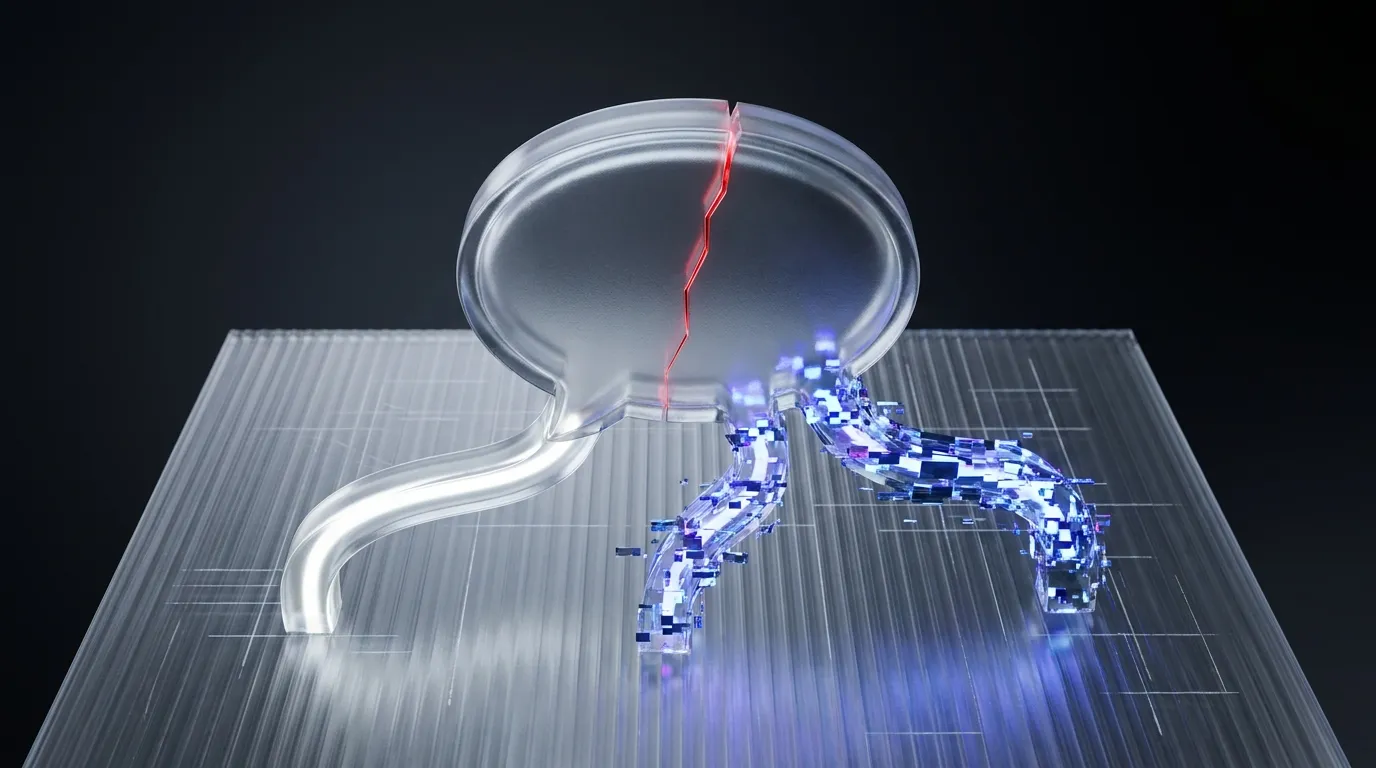 3D rendered frosted glass headset with a glowing red hairline crack, representing the gap between a chatbot demo and a support agent customers can trust
