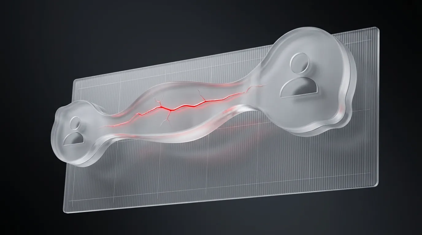 3D rendered frosted glass document stack feeding into a search icon with a glowing red hairline crack, representing the RAG pipeline behind grounded AI support responses