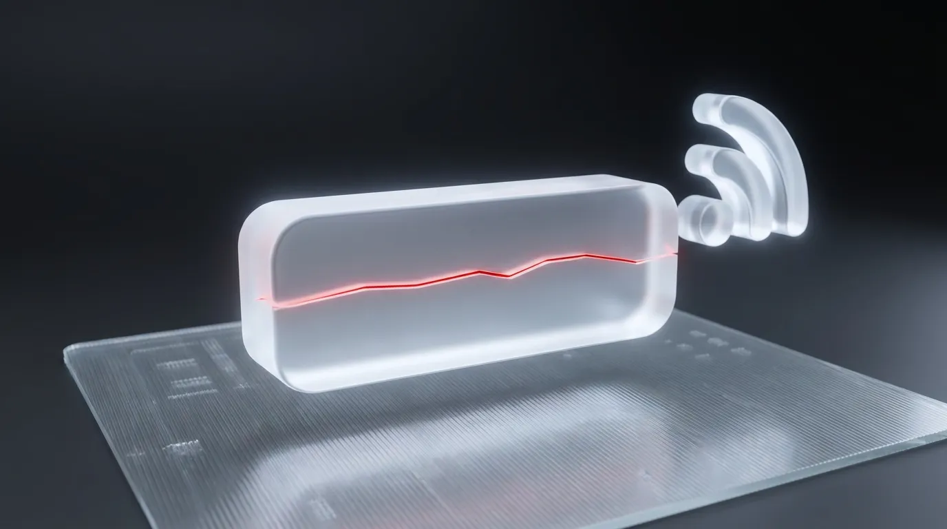 3D rendered frosted glass clipboard with a glowing red hairline crack, representing near-miss reports that get lost before they ever reach the office
