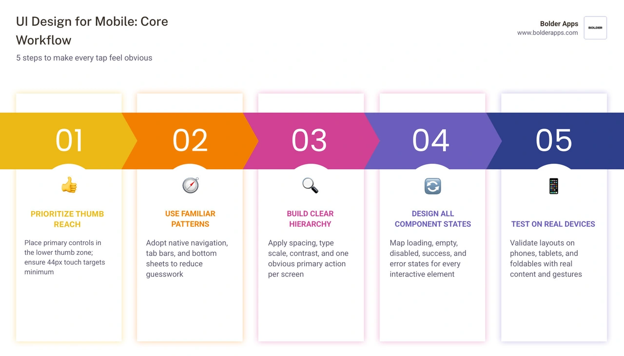 Mobile UI workflow: prioritize, navigate, design states, adapt, test infographic Mobile UI workflow: prioritize, navigate, design states, adapt, test infographic