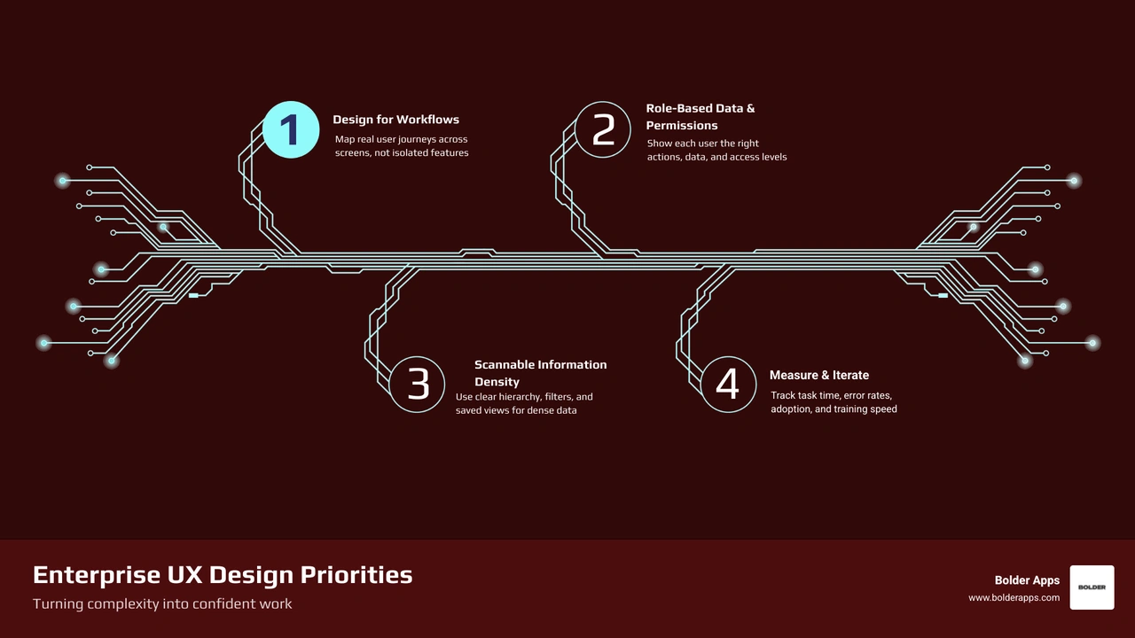 Enterprise UX design priorities: role context, clear data, safe actions, measurable efficiency infographic Enterprise UX design priorities: role context, clear data, safe actions, measurable efficiency infographic