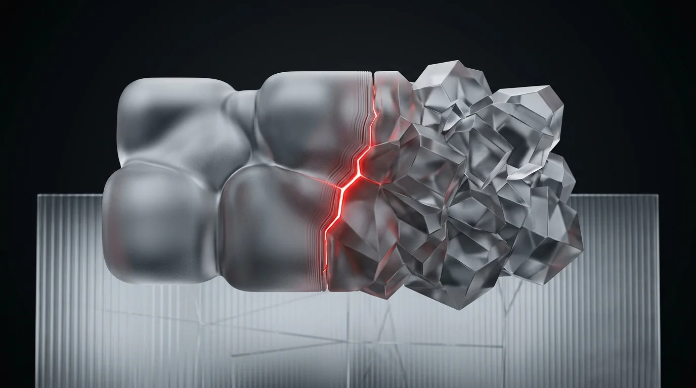Frosted glass transitioning from smooth to faceted blocks with a glowing red crack