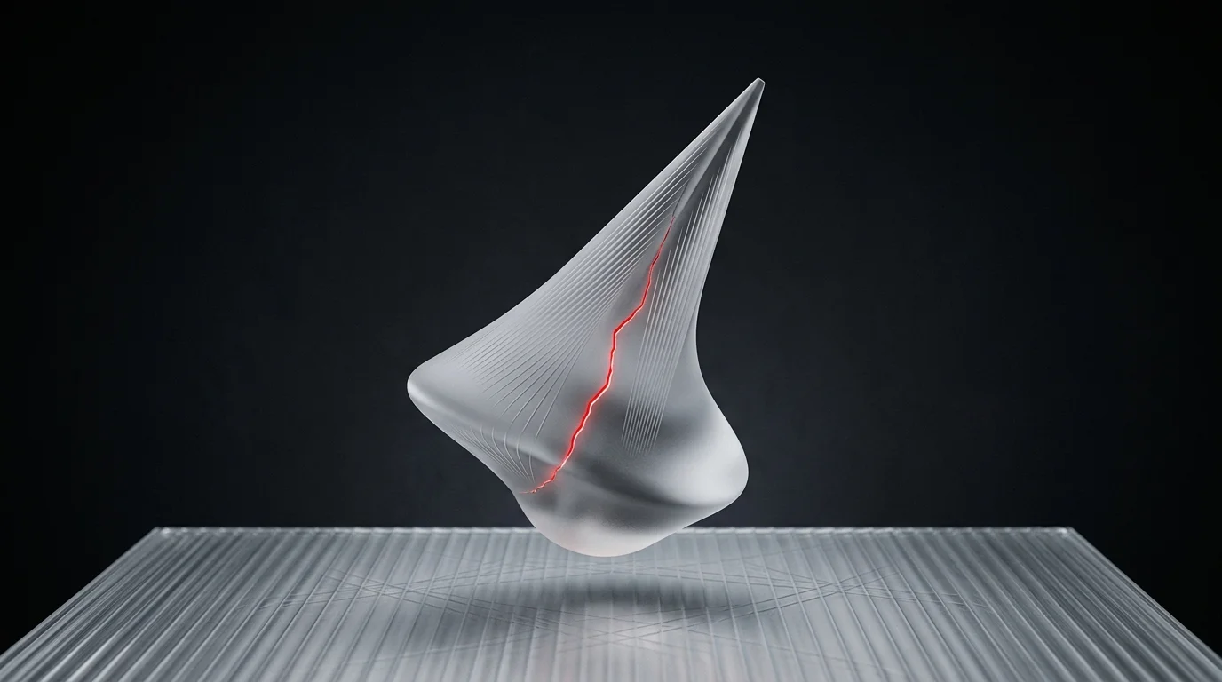 Frosted glass form narrowing to a point with a glowing red crack