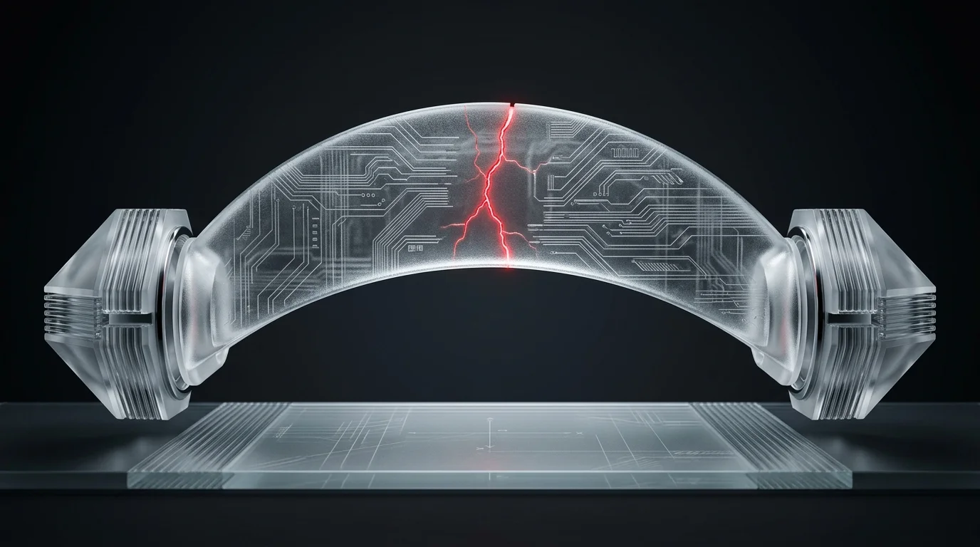 Frosted glass arch bridging two nodes with a glowing red crack
