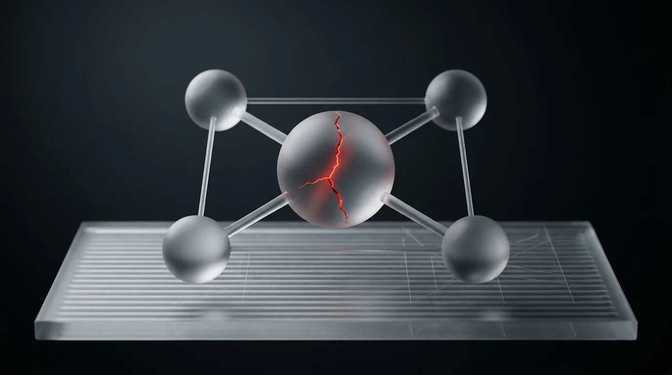 Central frosted glass node linked to four nodes with a glowing red crack