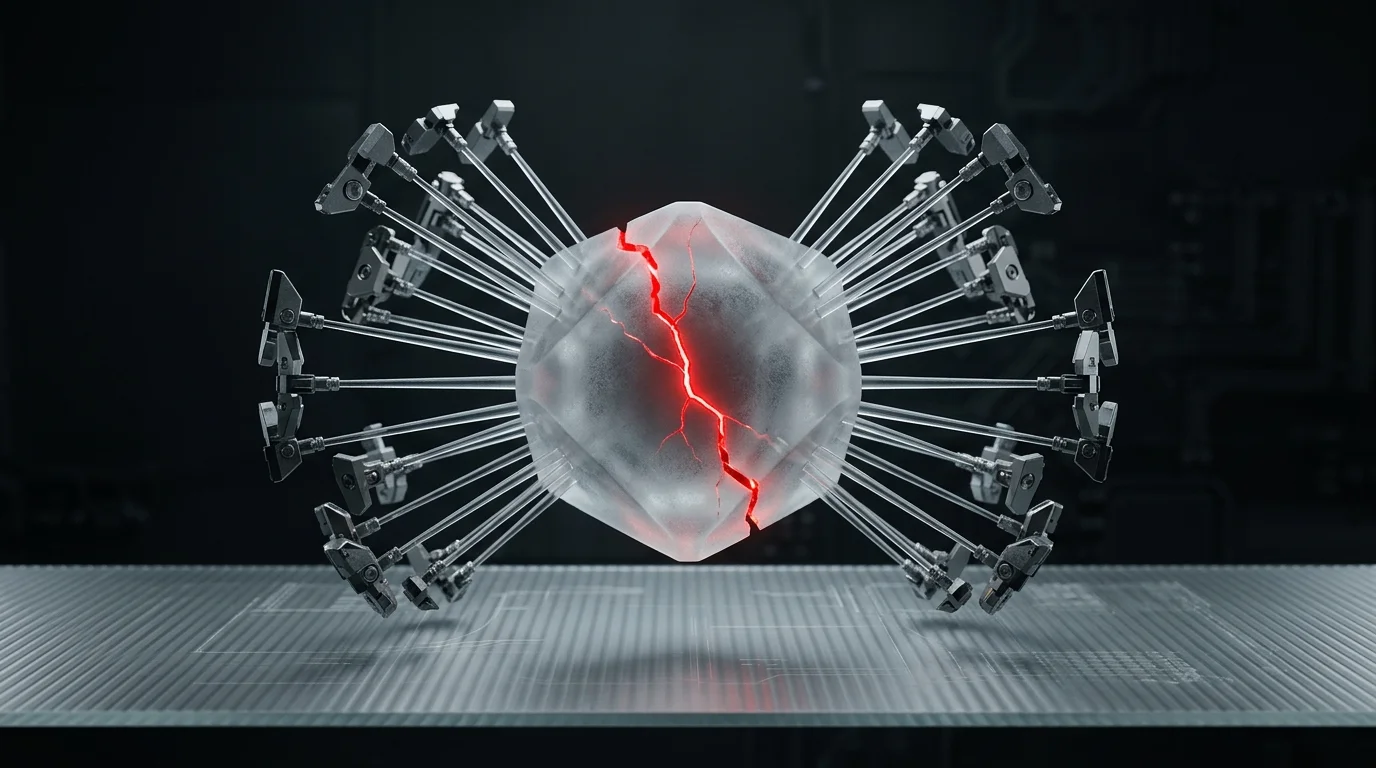 Frosted glass core with radiating spokes and a glowing red crack