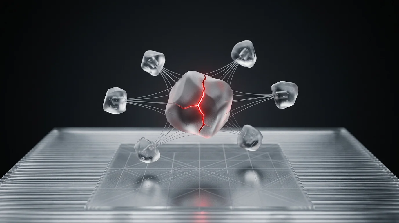 Scattered frosted glass fragments converging to center with a glowing red crack
