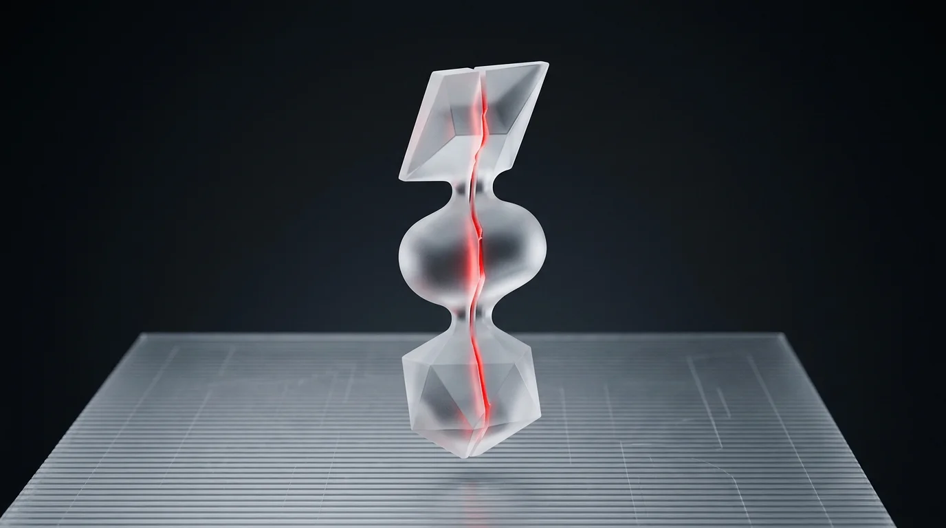 Three connected frosted glass node forms with a glowing red crack