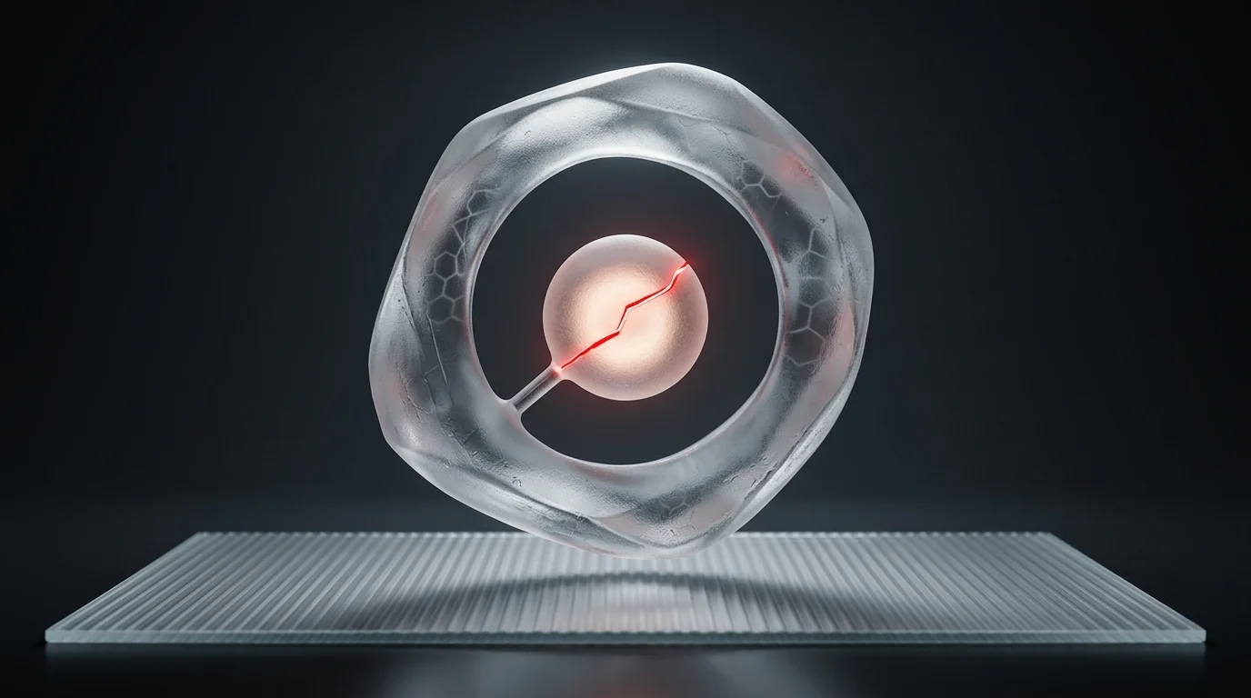 Small glowing node inside hollow frosted glass form with a glowing red crack