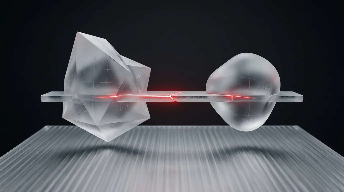 Asymmetric frosted glass shapes on a balance bar with a glowing red crack