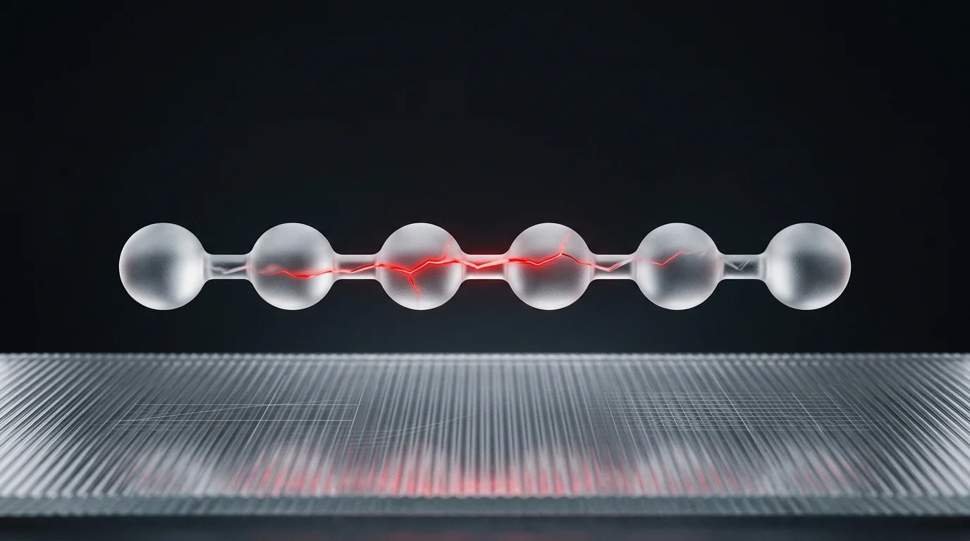 Chain of frosted glass nodes with a glowing red crack