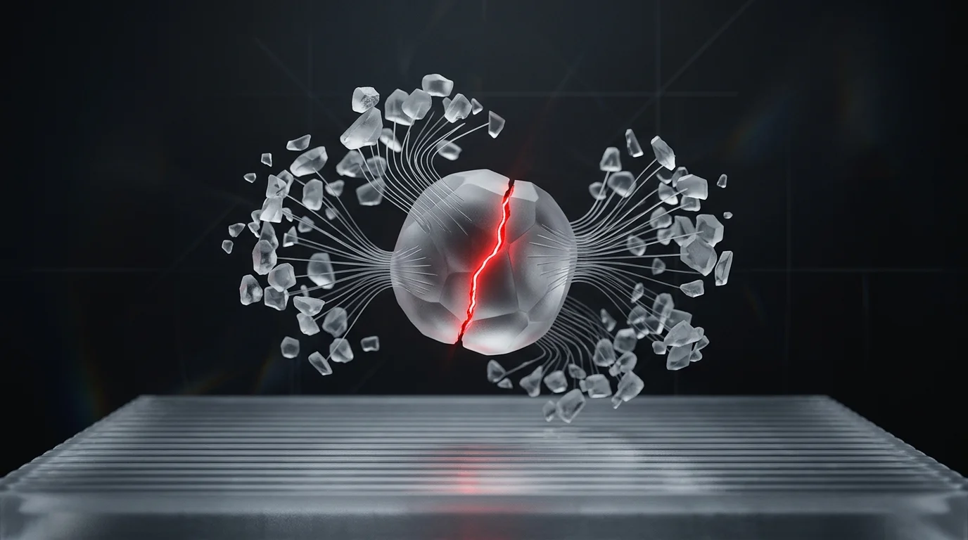 Central frosted glass node with converging fragments and a glowing red crack