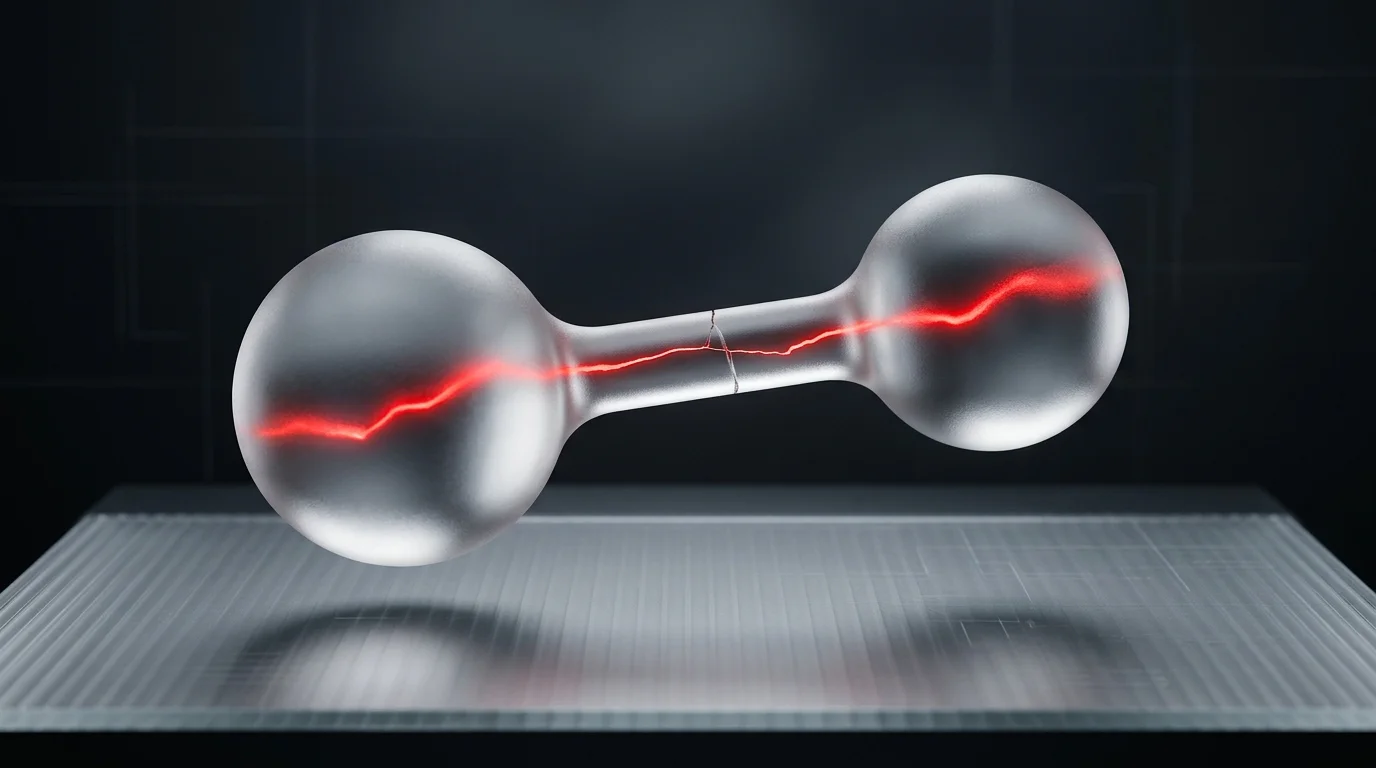 Two frosted glass nodes with a fractured connecting line and glowing red crack