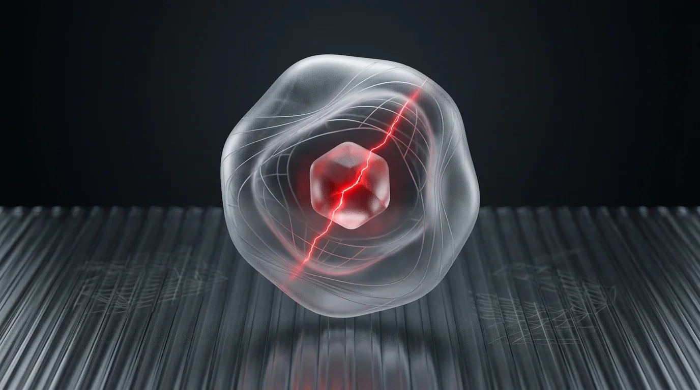 Solid node enclosed in frosted glass shell with a glowing red crack