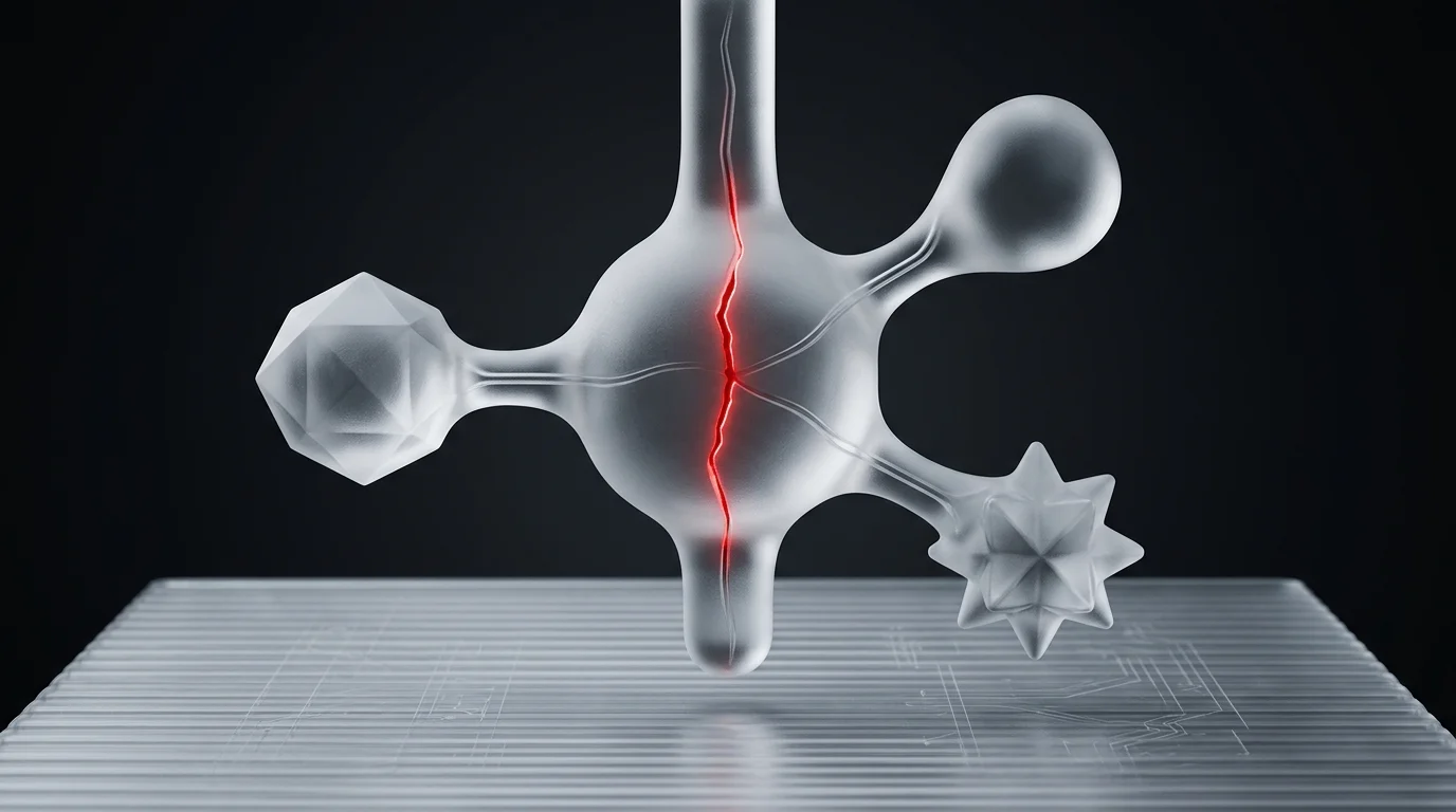 Central frosted glass node branching to three forms with a glowing red crack
