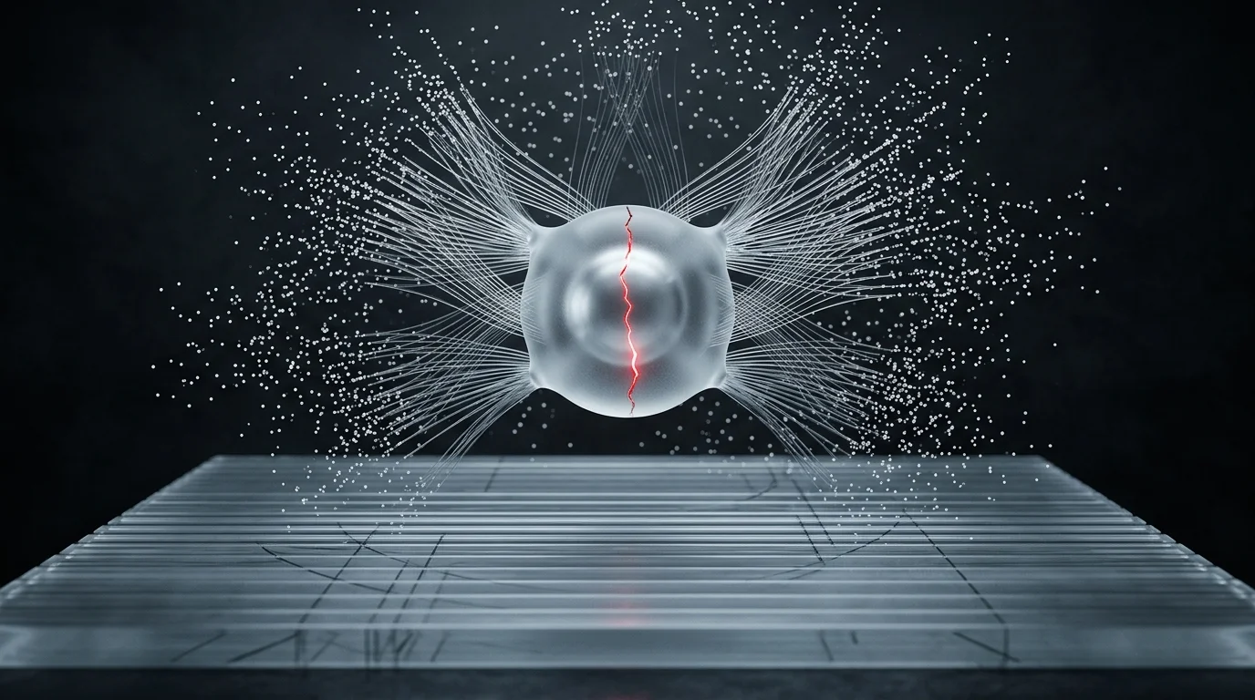 Central frosted glass node with radiating dots and a glowing red crack