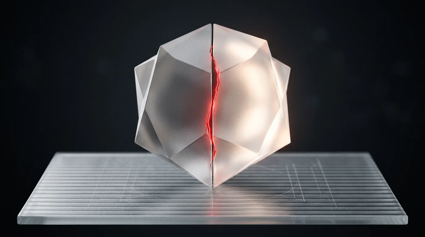 Half-opaque half-glowing frosted glass node with a glowing red crack