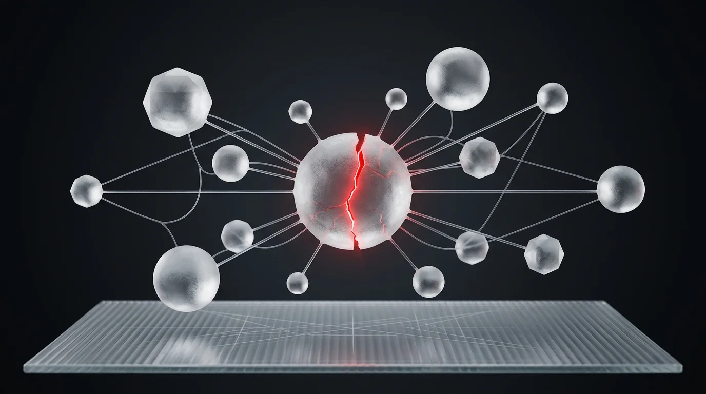 Hub frosted glass node linked to outer nodes with a glowing red crack