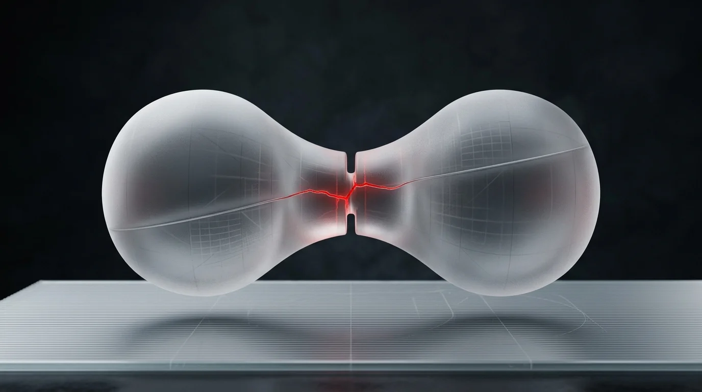 Two frosted glass nodes linked through a gated aperture with a glowing red crack