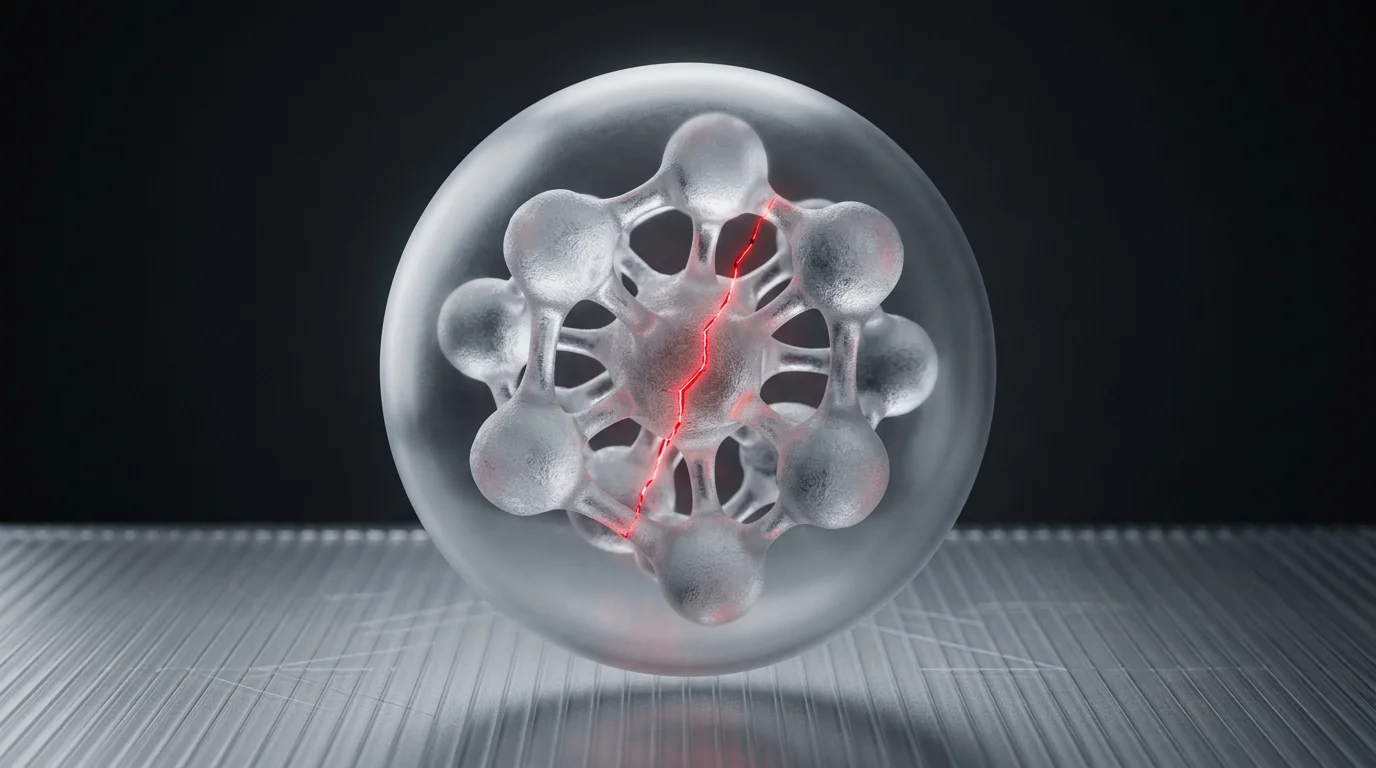 Cluster of frosted glass nodes inside an outer shell with a glowing red crack