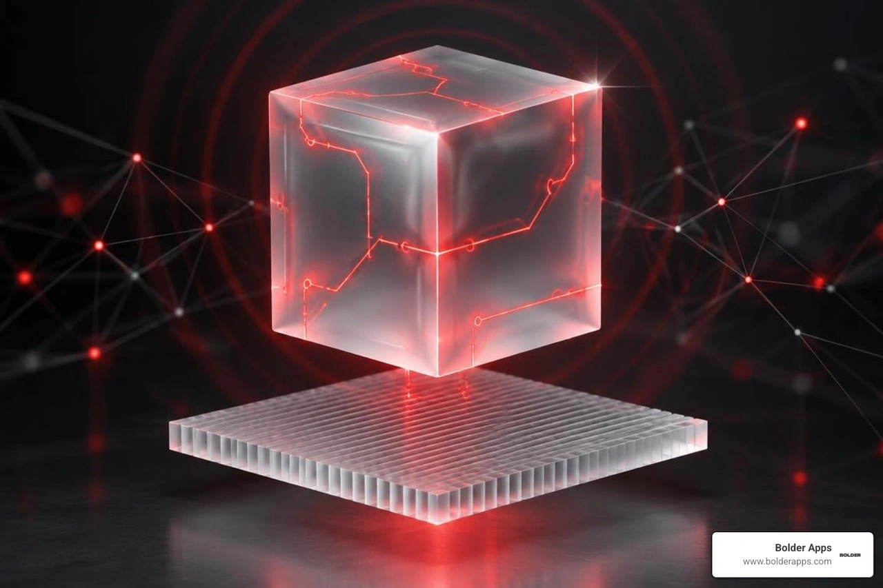 Glossary cube of software engineering workspace with glowing crimson circuit tracks